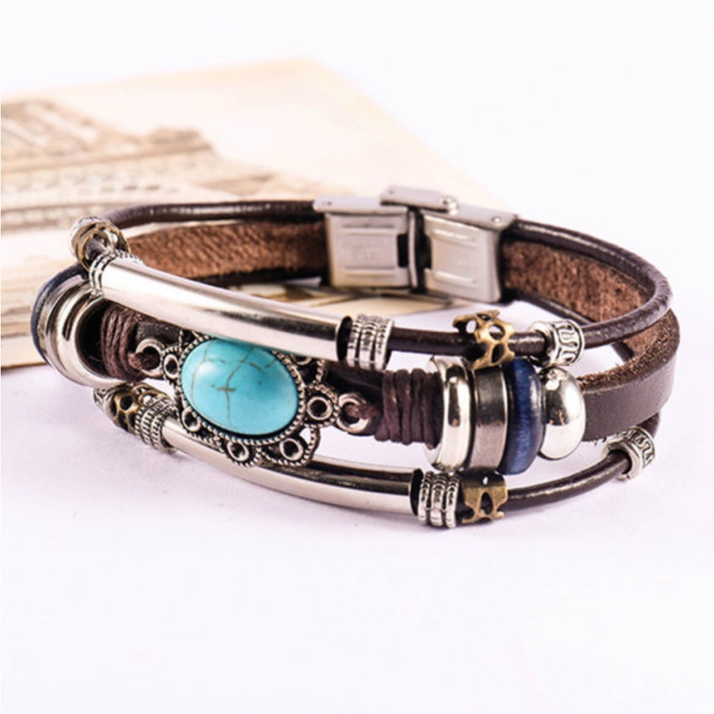 New! Turquoise Decor Faux Leather Layered Bracelet